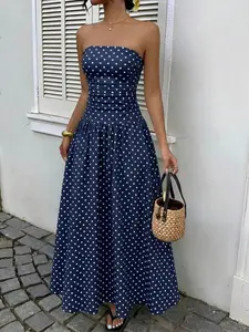 Women's Polka Dot Ruched Crop Top Dress, Vacation Style, Casual Sun Dress, Long Dress, Ultra-Long Dress, Polka Dot Dress, Summer