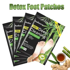 10-pack 2-in-1 deep cleansing foot patches, made with bamboo charcoal, detoxifying, removing dampness, and containing bamboo vinegar. Suitable for improving sleep, before bed, at home, and foot care.