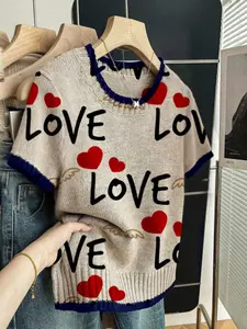Heart Letter Print Round Neck Sweater, Casual Short Sleeve Knitwear for Spring Summer Fall, Comfortable Warm Women's Clothing