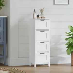 White Bathroom Storage Cabinet with 4 Drawers Wooden Freestanding Slim Bathroom Floor Cabinet Small Side Organizer Storage Unit for Restroom Livng Room Kitchen Office Hallway Entryway