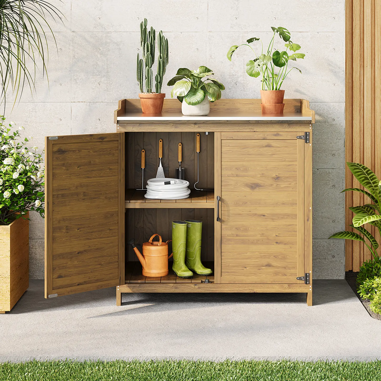 GIZOON Outdoor Potting Bench - Fir Wood Construction, Weather-Ready Metal 37.4×18.5" Worktop, Adjustable Shelf, Large Storage Cabinet, Stable Door Fit, Magnetic Door Hold, for Backyard & Patio