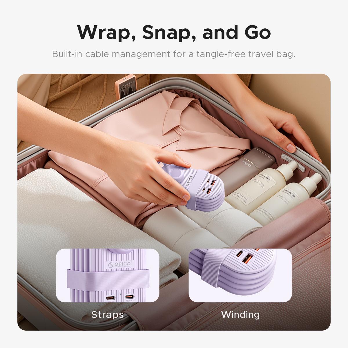 ORICO Upgraded 7-in-1 Travel Power Strip,2 Outlets & 4 USB Ports (2TYPE-C+2USB-A), 65W Fast Charging, Flat Plug，Compact for Cruise, Hotel, Dorm, and Travel Essentials- TK