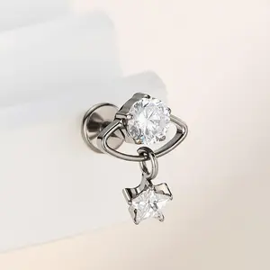 OUFER BODY JEWELRY 16G Titanium AAAAA+ Grade CZ Star Charm Stud, Internally Threaded Flat Back Body Jewelry for Cartilage, Helix Piercings with Secure Fit