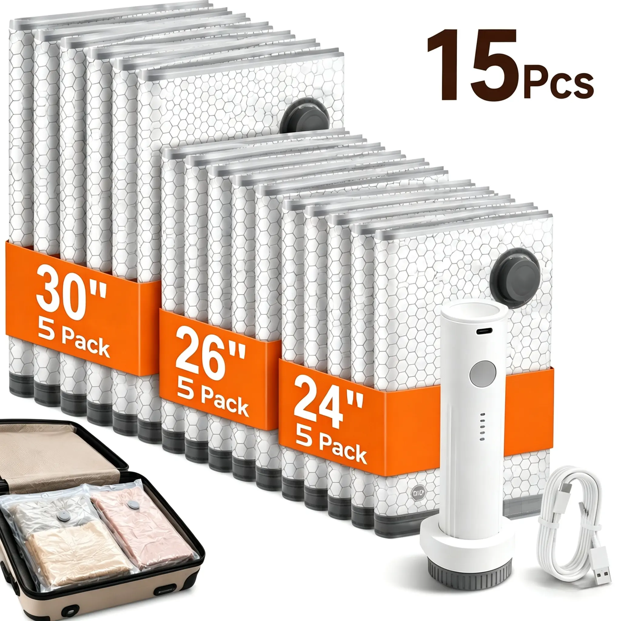 【Summer Sale Deals】Cordless Travel Vacuum Storage Compression Bag Set – 15-Pack in 3 Sizes – USB Rechargeable Handheld Pump with Built-In Battery – Waterproof & Reusable Space Saver for Clothes & Packing, Perfect for Carry-On Suitcases