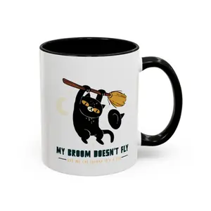 Black Cat on Broom Mug – Witchy Black Cat Coffee Mug, Cute Cat Lover Gift, Aesthetic Coffee Cup, Cat Mom Mug, Dark Humor Animal Mug