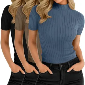 Pack Women Mock Turtleneck Shirts Short Sleeve Ribbed Lightweight Basic Layering Cotton Tops Slim Fit Tunic Tees