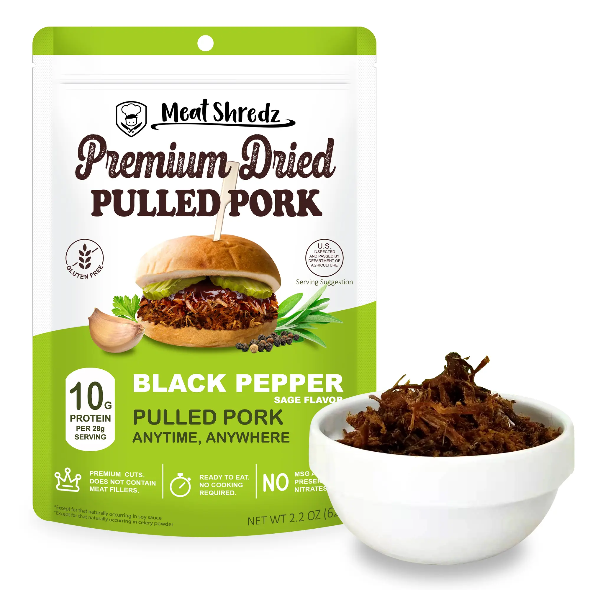 Meat Shredz - Premium Dried Pulled Pork (Black Pepper, 1 Pack) | Gluten Free | High Protein & Low Sugar | Bacon Bits | Dehydrated Backpacking & Camping Food | Shredded, Dried Jerky Chew Snack