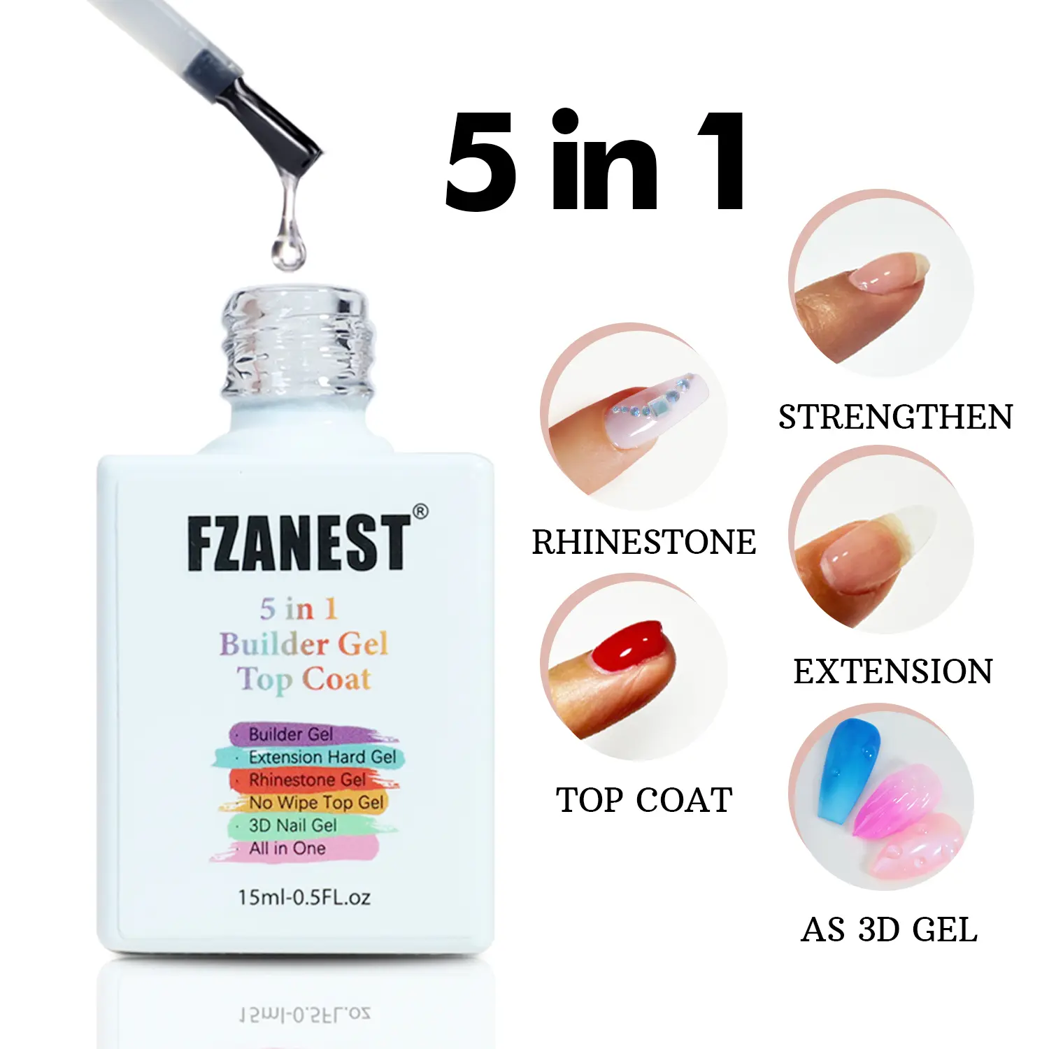 FZANEST Builder Gel Top Coat For Nails.15ml 5 in 1 Builder Gel in Bottle,High Gloss Shine No Wipe,Diamond Rhineston Glue,Nail Strengthen Extension Gel