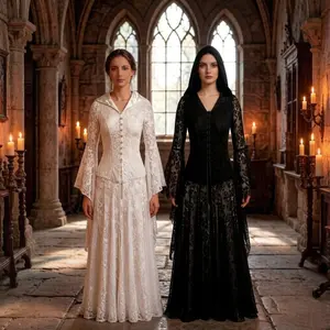 Medieval Retro Cape, Halloween Black Hollow Lace Dress, Hooded Flared Sleeve Exquisite Dress, Role-playing Costume