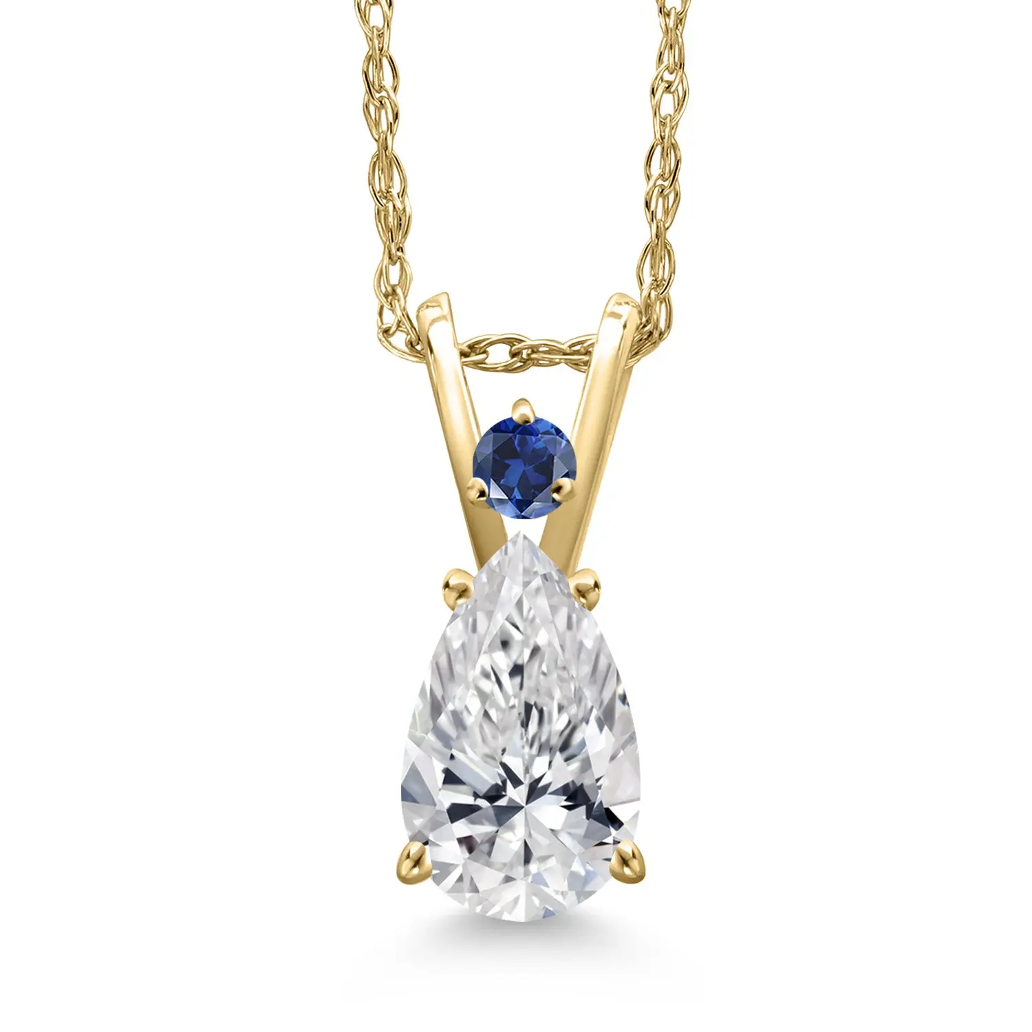 14K Yellow Gold Lab Grown Diamond and Blue Created Sapphire Pendant Necklace for Women | 0.75 Cttw | Gemstone April Birthstone | Pear Shape 8X5MM | With 18 Inch Chain