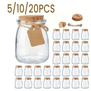 Set of 5/10/20 Glass Jars with Labels and Ropes, Reusable Containers, Mini 100ML Yogurt and Candy Jars with Cork Stopper, Perfect Wedding Gifts and Honey Containers