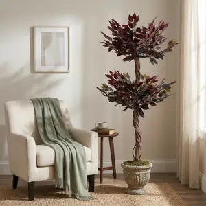 Realistic Artificial Ficus Tree Set of 2 – 6FT Tall Faux Decorative Trees – Lifelike Green & Purple-Red Leaves – Maintenance-Free Indoor Outdoor Home Office Decor