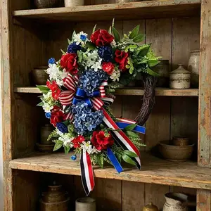 Elegant Blue Hydrangea Patriotic Wreath, Mixed Bouquet with Striped Bow, Rustic Memorial Day and Veterans Day Porch Decor