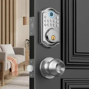 DS10 Keyless Entry Door Lock, Fingerprint, Exterior Door Knob Handle, 2 ,  Keypad, -time Code,  Locks for Front Door, Bedroom, Auto-Lock, Easy Installation - Satin Nickel