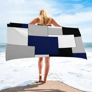 Mondrian Print Beach Towel, Quick-Dry Pool Towel, Multifunctional Travel Towels Navy Blue White Grey Rectangular Color Block Camping Towel Bath Towel Blanket, Ideal for Beach Pool Camping Vacation, Perfect Gift for Any Occasion