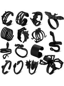 15 Pcs Black Rings Set for Women Girls Snake Bat Devil Wing Spider Rose Cool Punk Gothic Rings Stacking Vintage Midi Black Adjustable Rings
