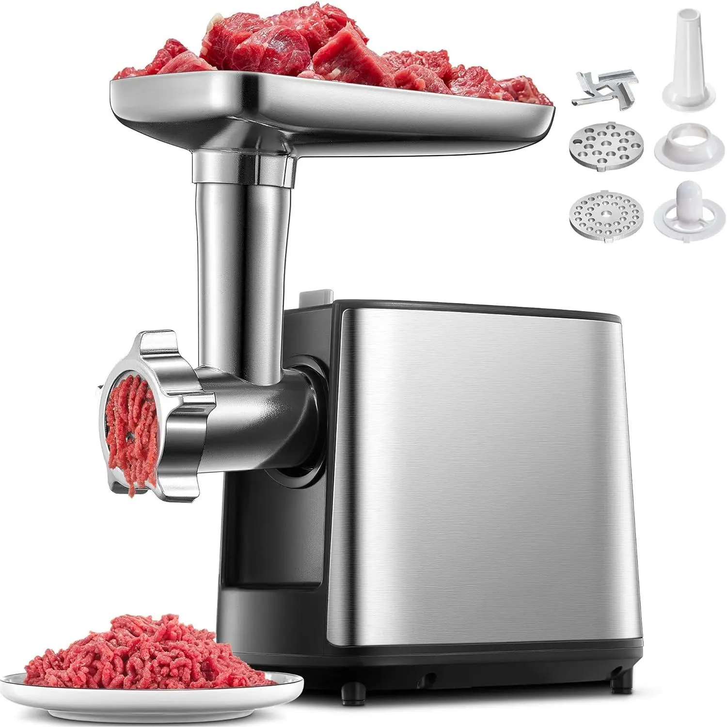 3000W Max Heavy Duty Electric Meat  with Sausage Stuffer Maker & Kubbe Kit, 2 Stainless Steel Grinding Plates for  & Restaurant(Silve&Black)