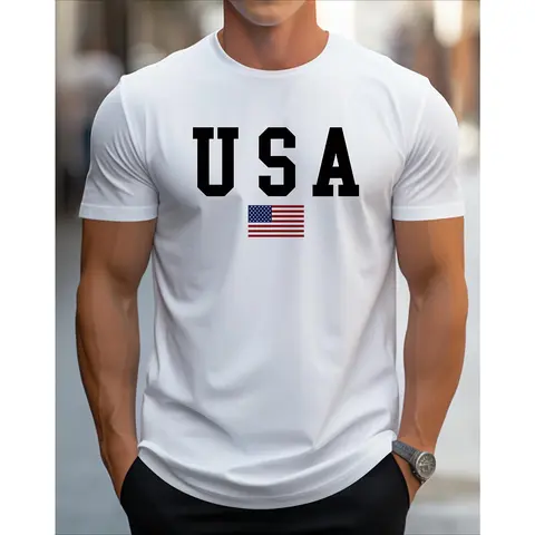 Men's Patriotic USA Flag Print T-Shirt - Crew Neck Short Sleeve, Slight Stretch Knit Fabric, Regular Fit All-Season Comfort,  Golf Gift T-Shirt For Men and Women