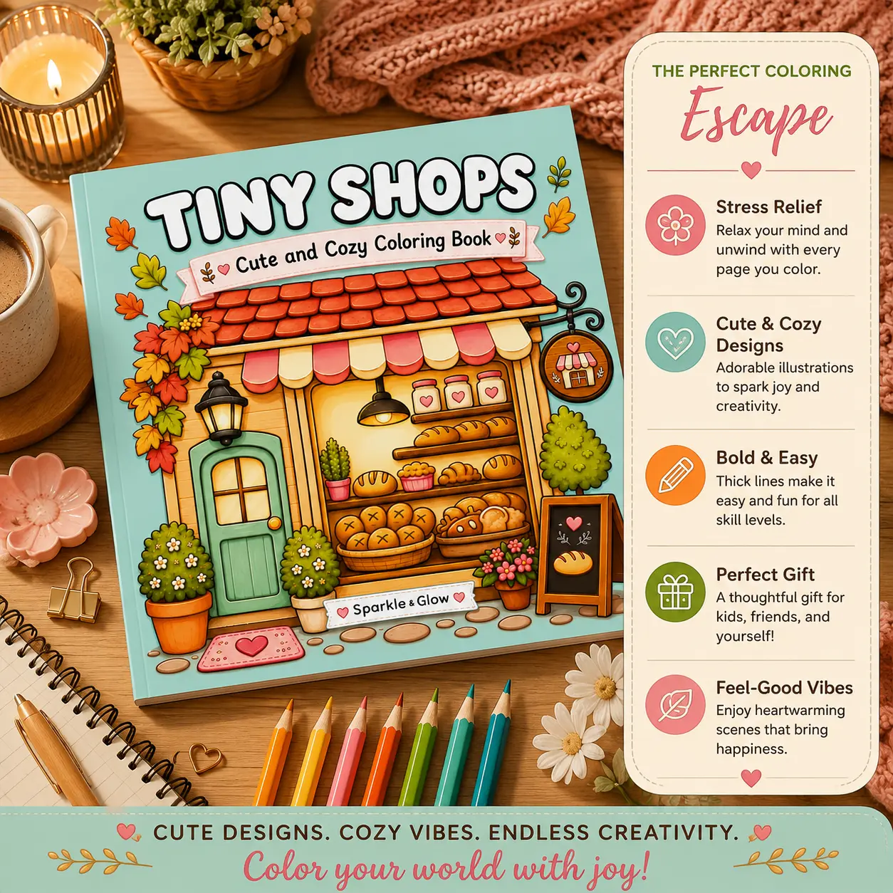 Tiny Shops: Cute and Cozy Coloring Book for Adults and Teens with Adorable Shops, Charming Storefronts, and Relaxing Designs