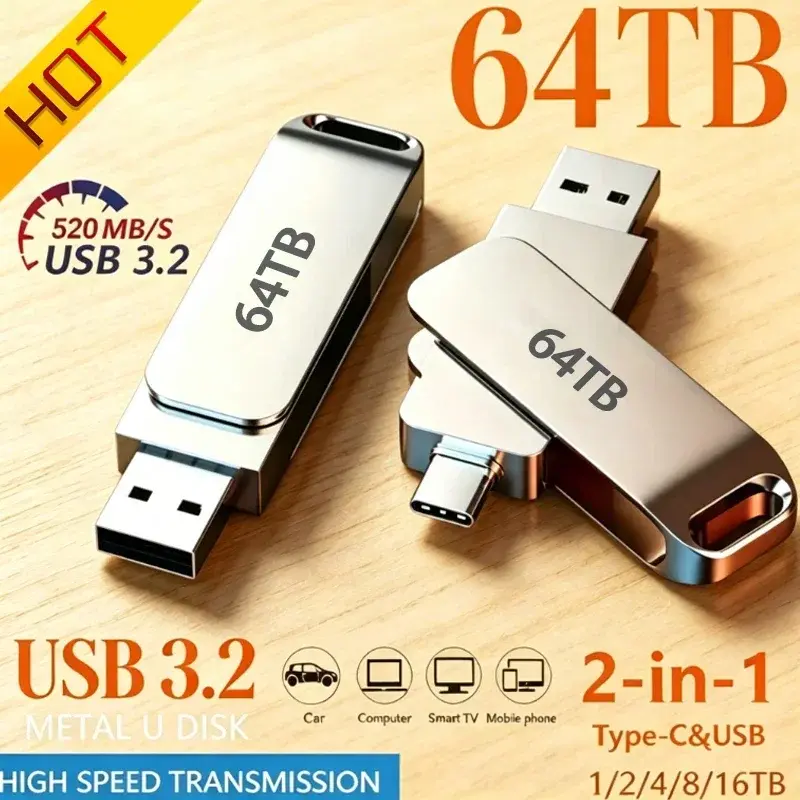 64TB USB 3.2 Flash Drive High Speed 2TB USB Transfer Type-C 2-In-1 16TB OTG Pendrive Waterproof Mental U Disk For Computer Phone