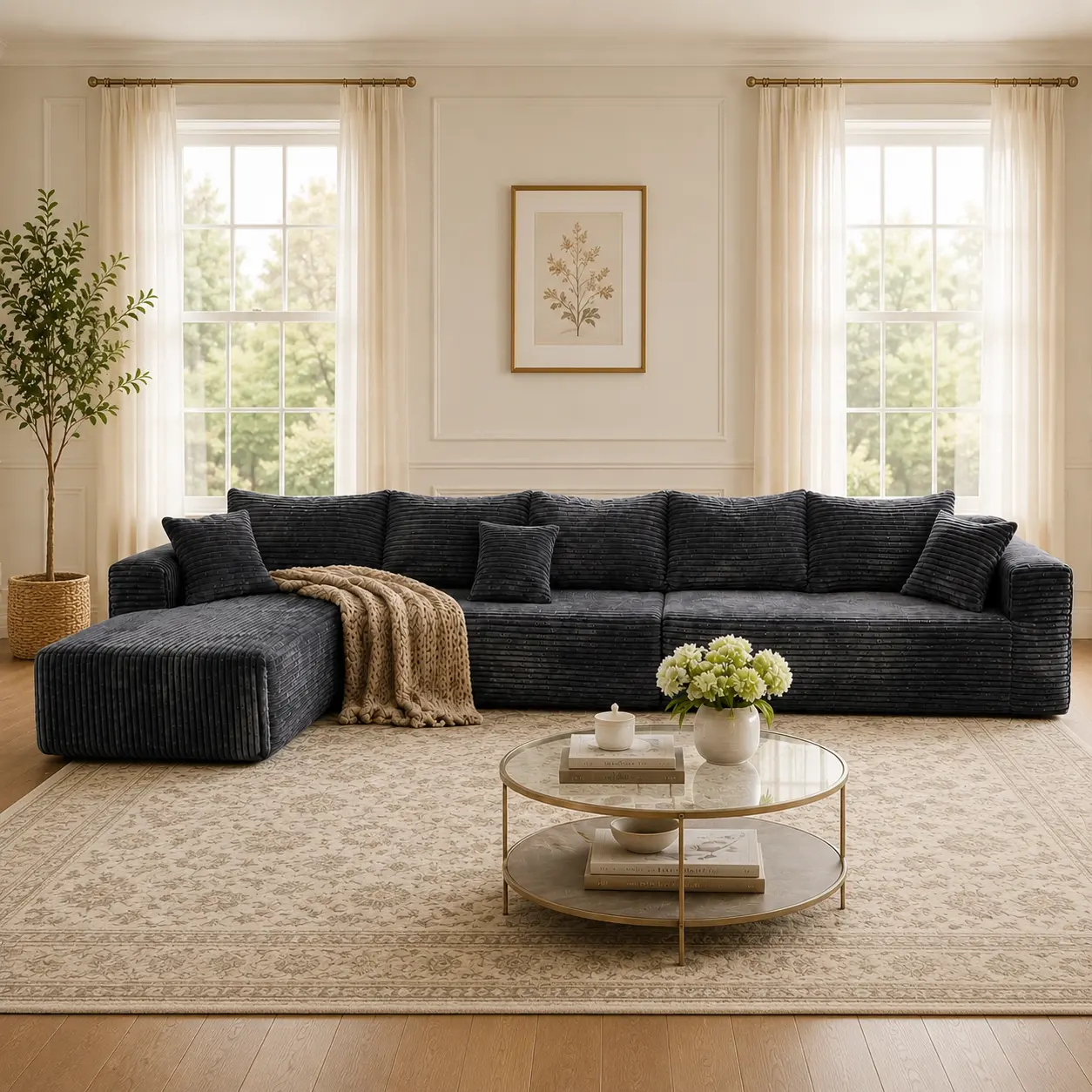 164'' L-Shaped Cloud Couch for Living Room, Deep Seat Corduroy Sectional Sofa, Oversized Comfy Boneless Couch with Chaise Lounge, No Assembly Required Upholstered Furniture for Apartment Small Spaces, Pet Friendly