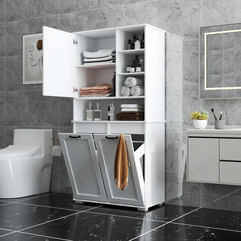 Freestanding White Indoor Laundry Cabinet with Tilt-Out Hamper, Adjustable Shelf, Open Shelf, Multiple Storage Spaces, Modern Design, Enclosed Doors