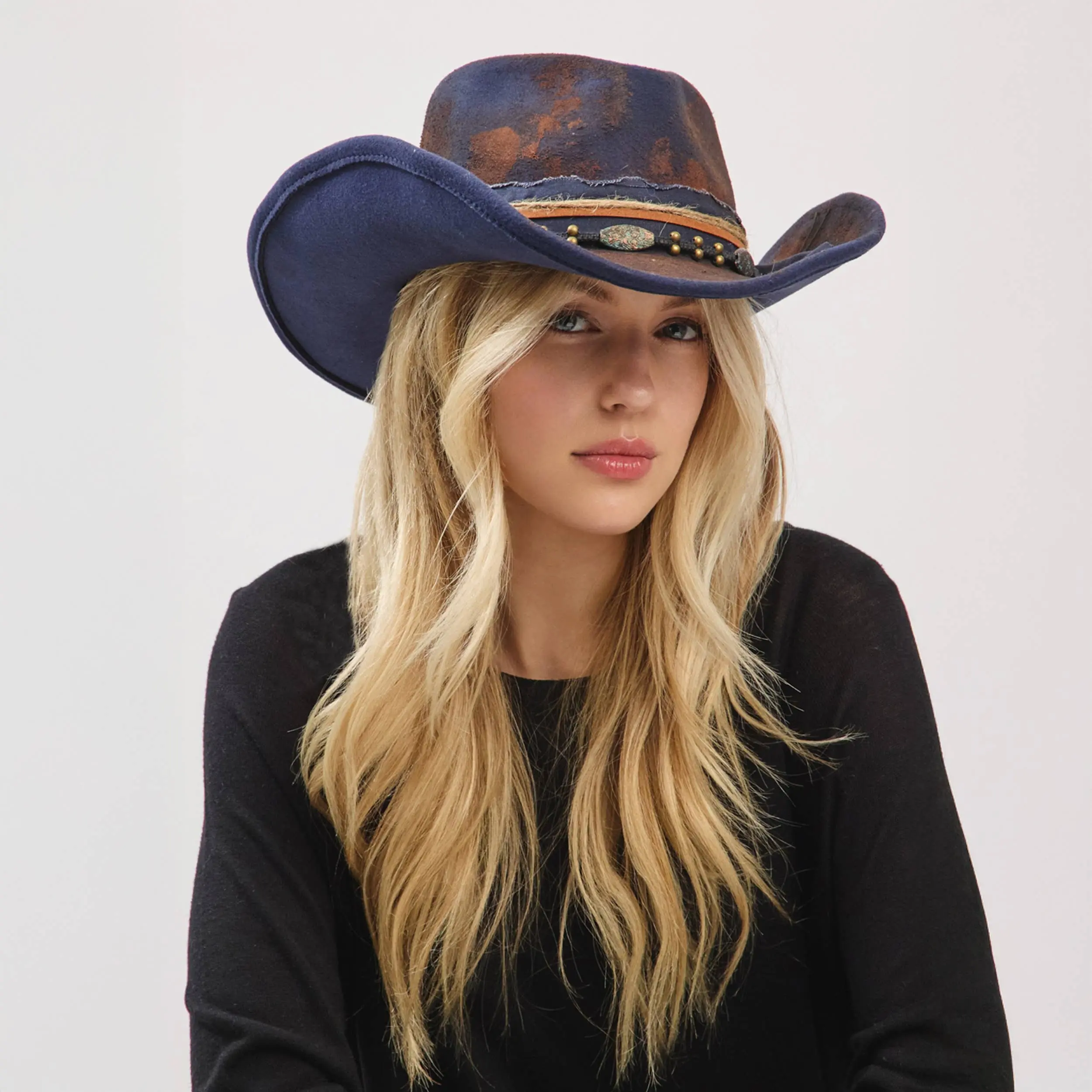 Cowgirl Distressed Fabric Multi-Band Fedora Hat Vintage Distressed Shapeable Cowboy Fedora Hat with Distressed Band Cowgirl Hat