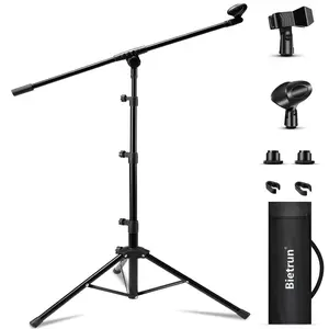 Mic Stand, Bietrun Microphone Stand Tripod Adjustable Boom Height, with Carry Bag & 2 Mic Clips, Detachable Boom Mic Stand for Singing Performance Wedding Stage Church