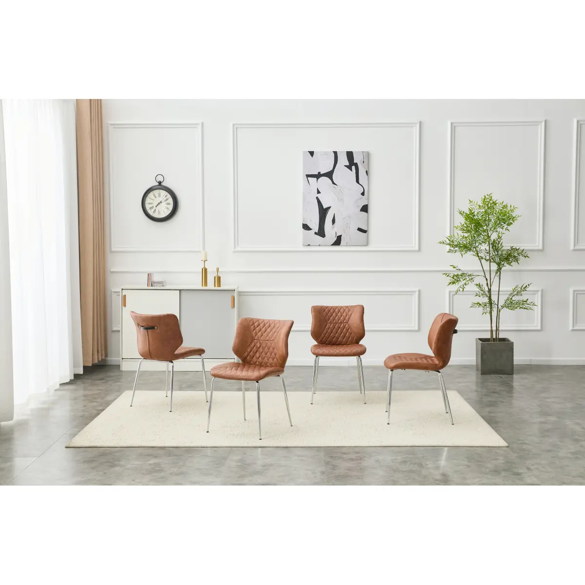 Dining Chairs Set of 4, Brown Oil Waxed Leather Dining Chairs with Electroplated Metal Legs, Adjustable Non-Slip Foot Pads, Diamond-Tufted High Back Upholstered Dining Room Chairs (Brown, Set of 4)