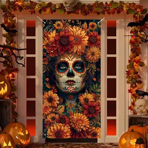 Dia De Los Muertos Door Cover Day of The  Porch Sign Banner Gothic Halloween Sugar Skull Marigold  Decorations and Supplies for