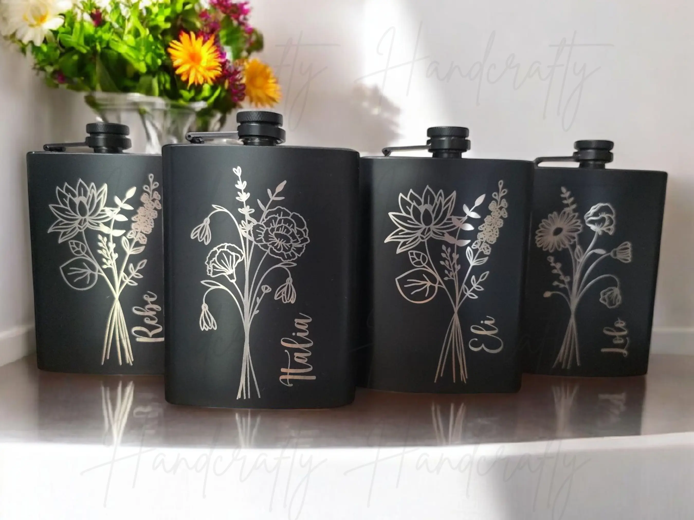 Birth flower personalized stainless steel flask, monogram custom flask, Bridesmaid flask, Groomsmen flask, Girls trip flask.