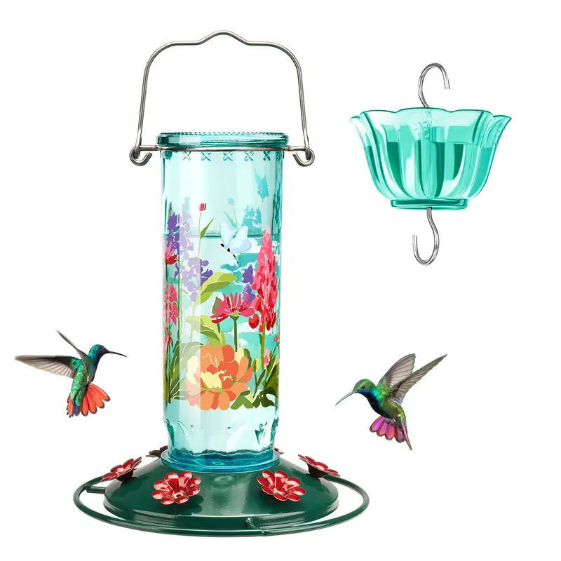Kingsyard Vibrant 2026 Patterned Glass Hummingbird Feeder 1-Pack, 15oz Leakproof Base, Ant Moat, 6-Port Bird Access, Patio Dispenser, Effortless Cleaning, Bird Enthusiasts Gift, Garden Backyard Nature Watching Tool