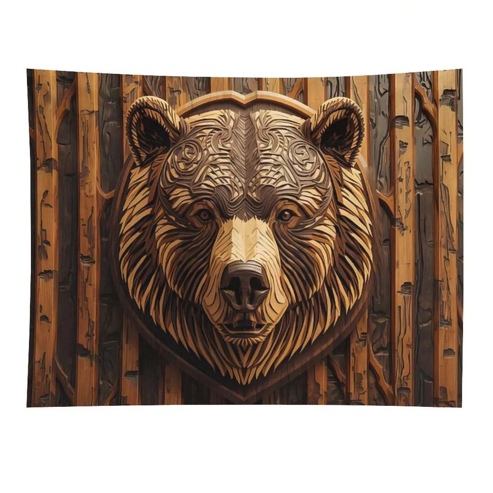 Tribal Wood Carved Bear Head Wall Tapestry, Ornate Layered Wooden Bear Relief Art Rustic Wildlife Theme for Indoor Wall Ornament