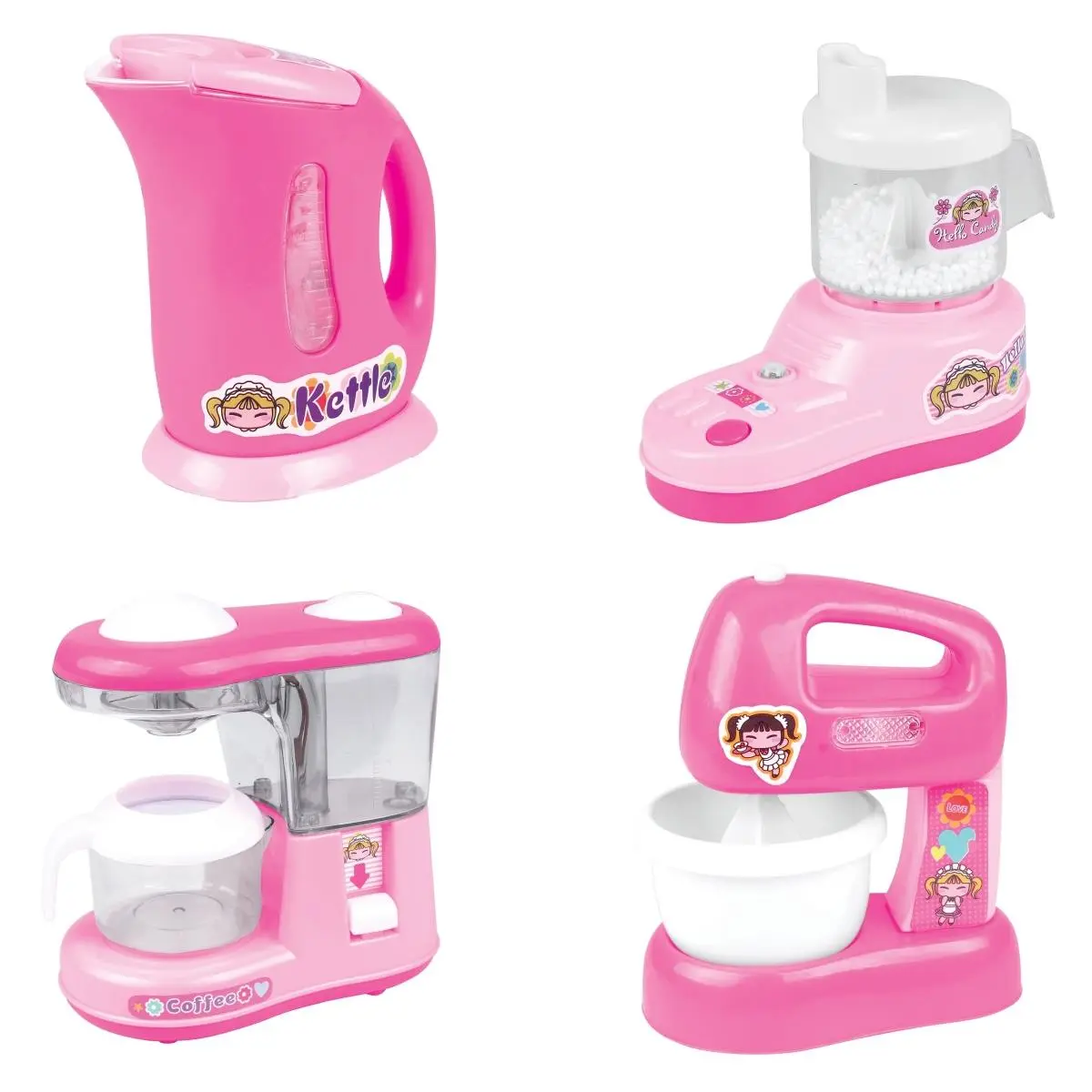 212 MAIN PS583 Small Animal Pet Supplies Plastic 4-Piece Kitchen Toy Set for 3-4 Years Girls, Includes Mini Juicer, Mixer, Kettle, Automatic Water Dispenser, Button Features Support Children Development, Realistic Sounds Enhance Role Play, Girl