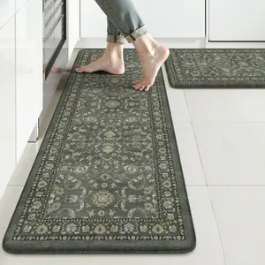 Comfort Kitchen Mats for Floor Cushioned Anti Fatigue, Boho Vintage Kitchen Rugs Sets of 2 Non Slip, Memory Foam Kitchen Floor Mat Carpet for Laundry Office Home Decor, Dark Green