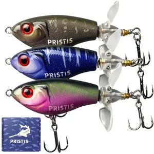 Pristis 3 pcs Topwater Fishing Lures with Double-Blade Propellers, ploppers with floating rotating tail, saltwater freshwater plopping minnow swimbaits for bass perch pike, plopping sputter baits