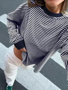 Pure Color Striped Long Sleeve Classic Aesthetic T-Shirt, Loose Round Neck, Contrast Ribbed Sleeves, Casual Versatile Top, Men's Fashion