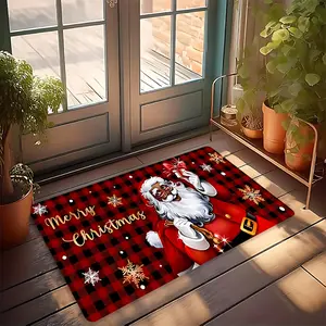 Premium Flannel, Christmas Theme Carpet, Buffalo Plaid Black Santa Claus Merry Christmas Pattern Door Mat, Non-Slip and Washable Rug, Living Room Bedroom Home Decor Carpet, Machine Washable Non-Fading, Multiple Sizes Available, Suitable for Living Room