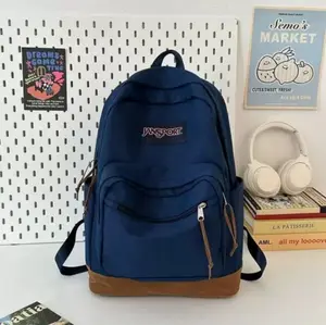 JanSport Backpack With Suede Leather Base Multi Pocket Canvas Laptop Bag Classic