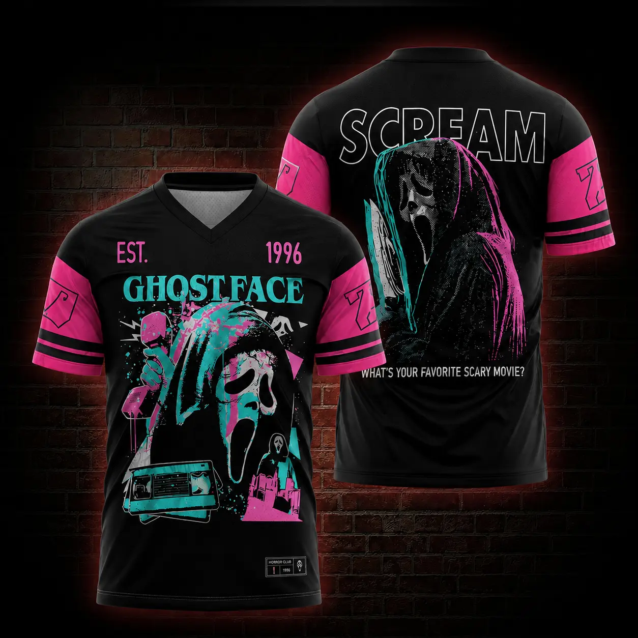 Ver 7 Ghostface Scream 1996 Horror Movie 3D All Over Print V-Neck Jersey, Halloween Scary Movie Shirt, Retro Horror Fan Gift Horror Movie Shirt, Spooky Jersey, Halloween Costume Shirt, Horror Fan Gift, Scary Halloween Shirt