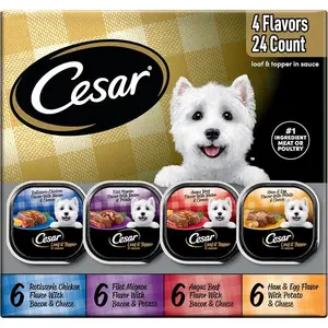 Cesar Loaf in Sauce Wet Dog Food Rotisserie Chicken, Filet Mignon, Angus Beef, and Ham & Egg Flavors Variety Pack, Wet Food for Dogs, 3.5 oz Easy Peel Trays, 24 Count