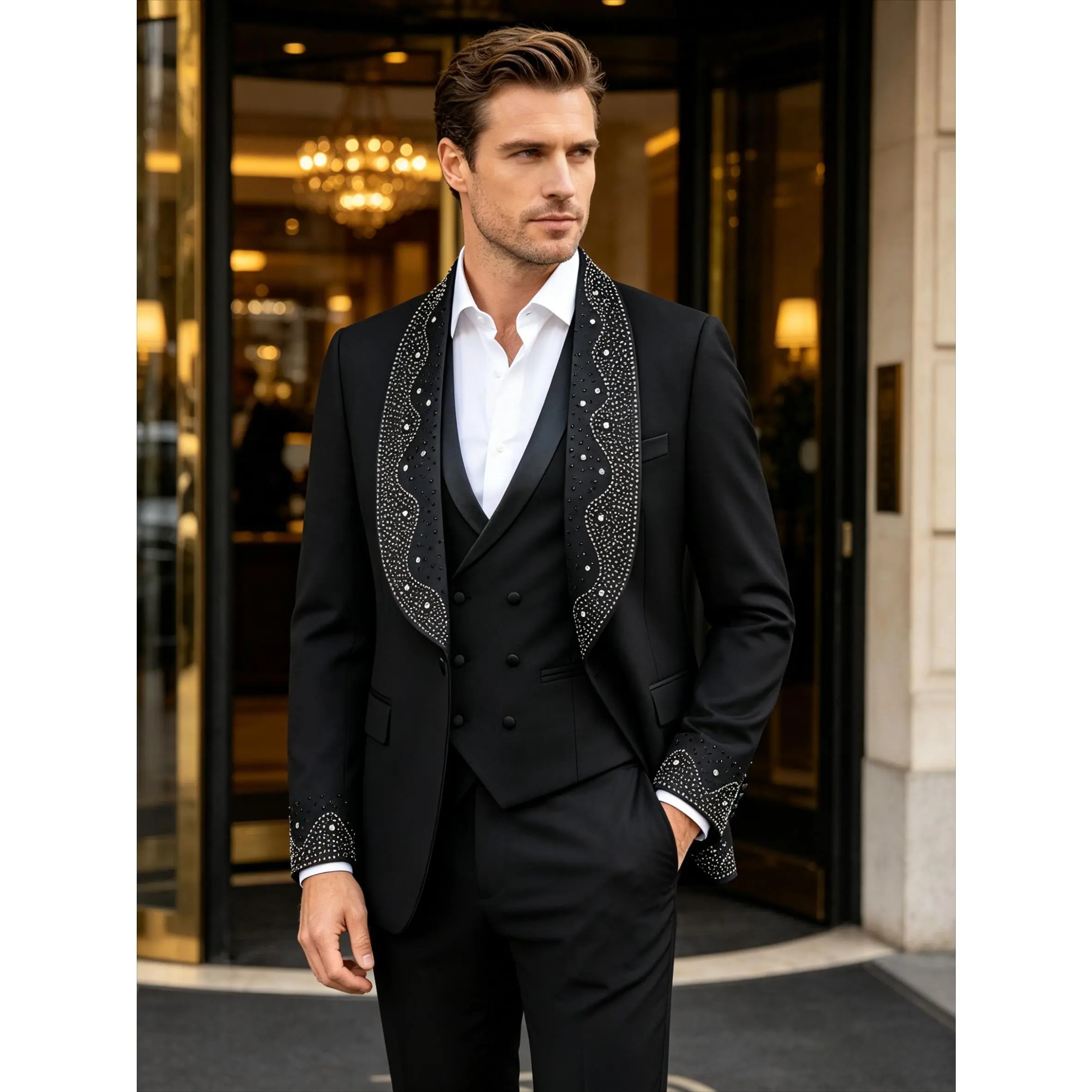 Men's 3-Piece Matching Tuxedo Set - Smooth Fabric Long Sleeve Blazer, Rhinestone Wave Lapel, Double-Breasted Vest, Straight Pants, Chic Retro Menswear Formal Wear for Weddings