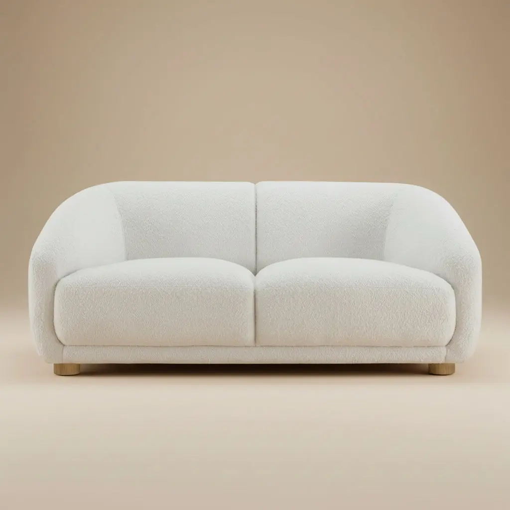 Kolvere Contemporary White Boucle Loveseat with Solid Wood Round Legs