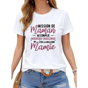 French Mission De Maman Accomplished Challenge Best Mamie Letter Print Women's T-shirt, Short Sleeve Crew Neck Casual Top for Summer & Spring, Women's Clothing