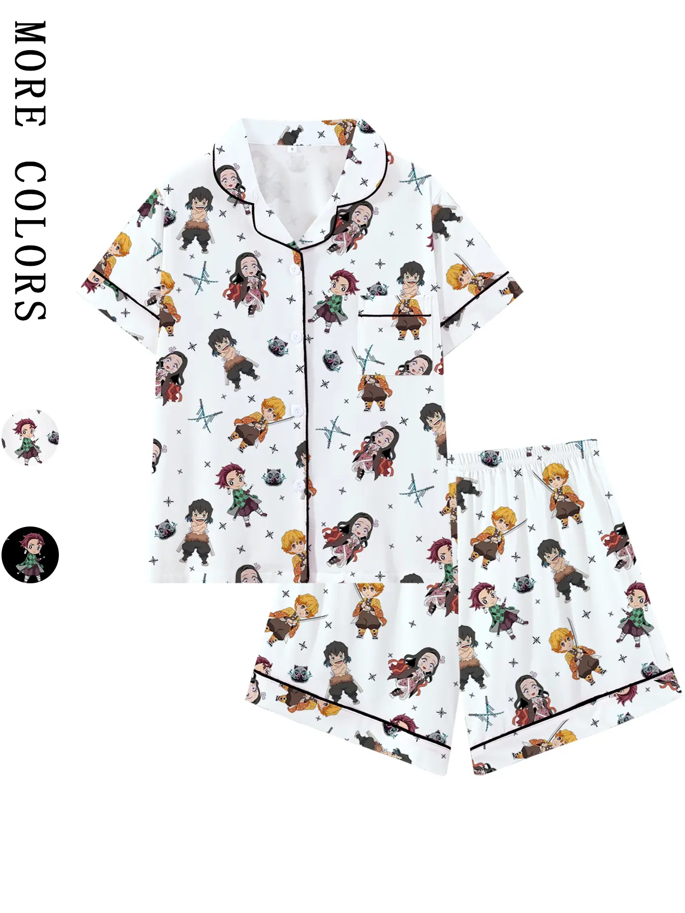 Men's & Teens' Anime Demon Slayer Collared Short Sleeve Fitted Pajama Set, Comfortable Casual Sleepwear & Loungewear for All Seasons, Anime Pajamas Gift