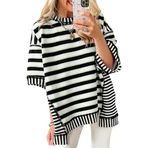 Lannew Womens Oversized Striped Shirt Summer Half Sleeve Tops Crew Neck Sweatshirts Casual Blouse