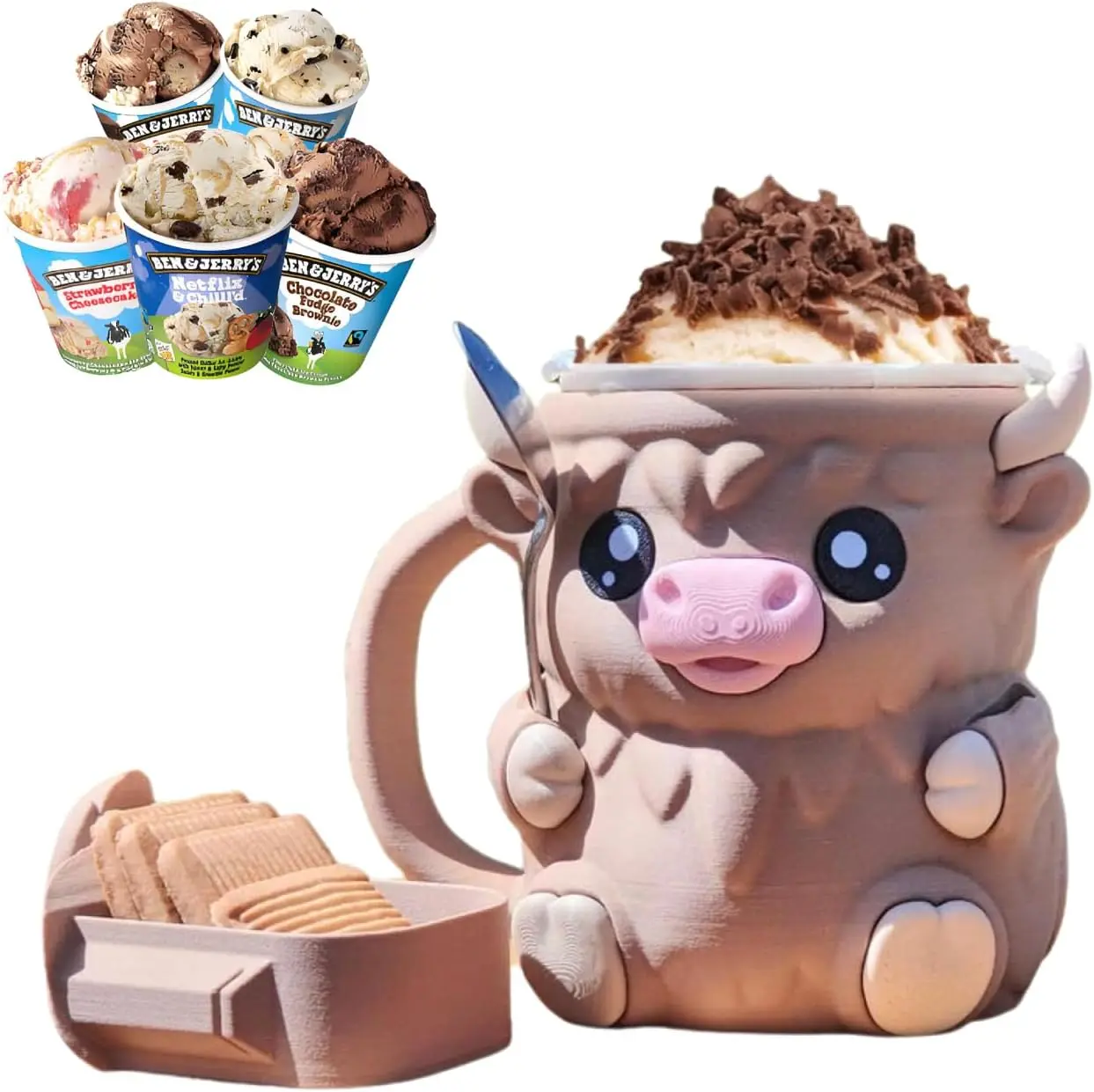Highland Cow Ice Cream Pint Holder, 3D Printed Ice Cream Pint Cup Stand with Handle & Spoon, Reusable Cute Cow Popsicle Containers, Leak Proof Beer Can Cozy, Fun Gift for Kids Kitchen Utensils