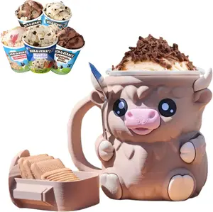Highland Cow Ice Cream Pint Holder, 3D Printed Ice Cream Pint Cup Stand with Handle & Spoon, Reusable Cute Cow Popsicle Containers, Leak Proof Beer Can Cozy, Fun Gift for Kids Kitchen Utensils