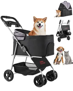 Foldable Pet Stroller With Four Wheels For Dogs And Cats, Detachable Carrier, Up To 35 Lb Load, Lightweight Aluminum Frame, Breathable Mesh Panels, Adjustable Handle, Front And Rear Zippers, Easy Travel