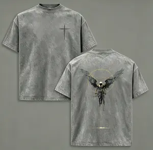 Men's Classic Ribbed Seamless Apparel ARCHANGEL OF REPENTANCE Acid Wash Pump Cover T-Shirt - Heavy Cotton Unisex, Double Printed Fallen Angel Crusader Armor Graphic, Vintage Cross, Medieval Warrior Gothic Faith Oversized Menswear Tee